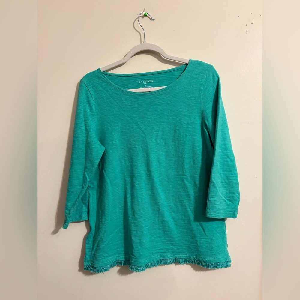 Talbots T-shirt women’s medium sea foam green 3/4 sleeve top fringe hemline